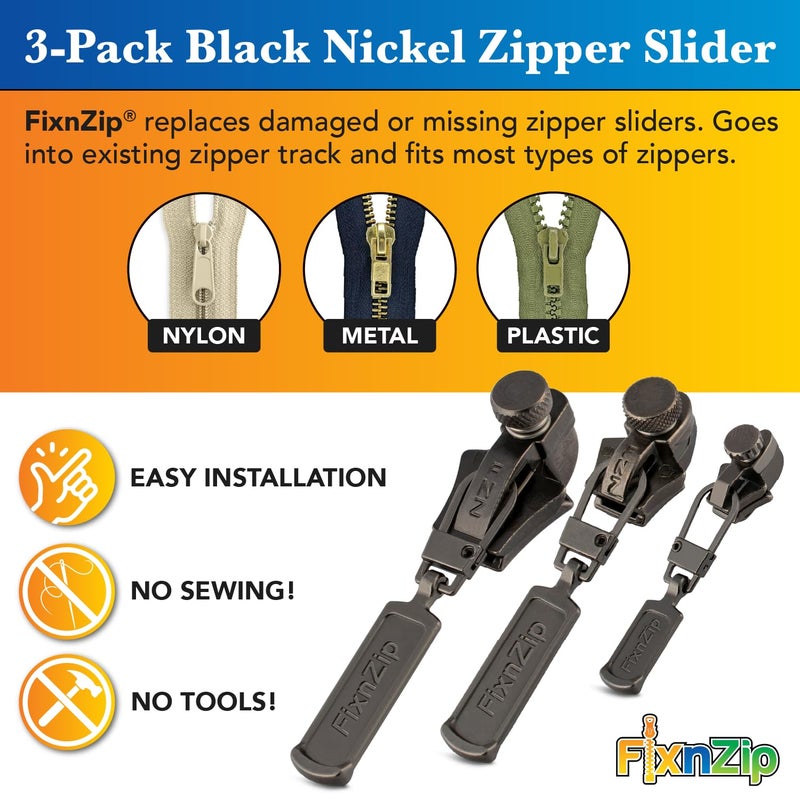 FixnZip طقم إصلاح سحاب FixNZip صغير ومتوسط وكبير باللون الأسود النيكل | بديل منزلق عالمي بدون خياطة لجميع احتياجات الملابس | أداة إصلاح سحاب فورية وقابلة لإعادة الاستخدام | الأحجام 1-10 - Image 2